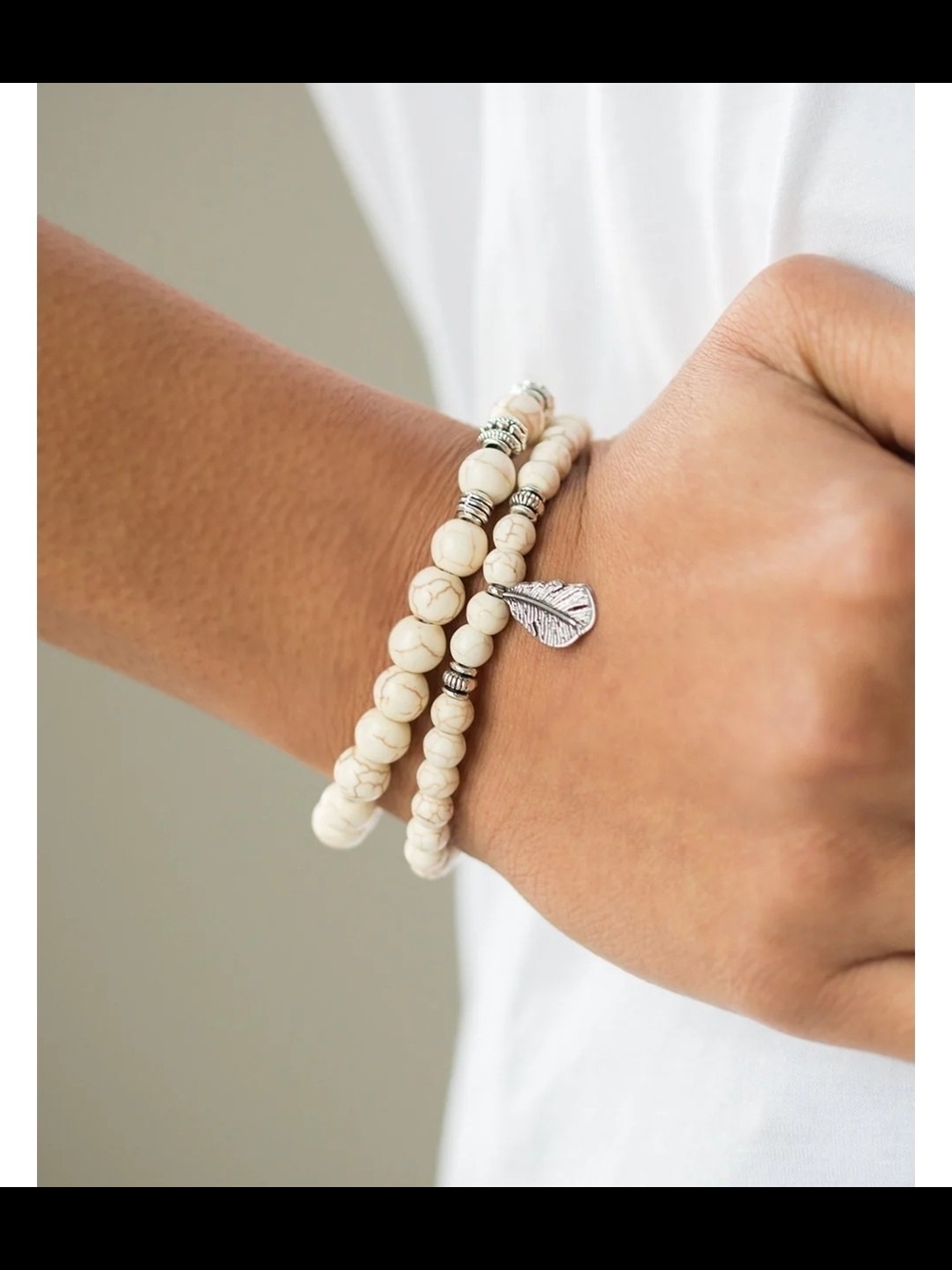 paparazzi Cream Beaded Layered Bracelet with Silver Leaf Charm